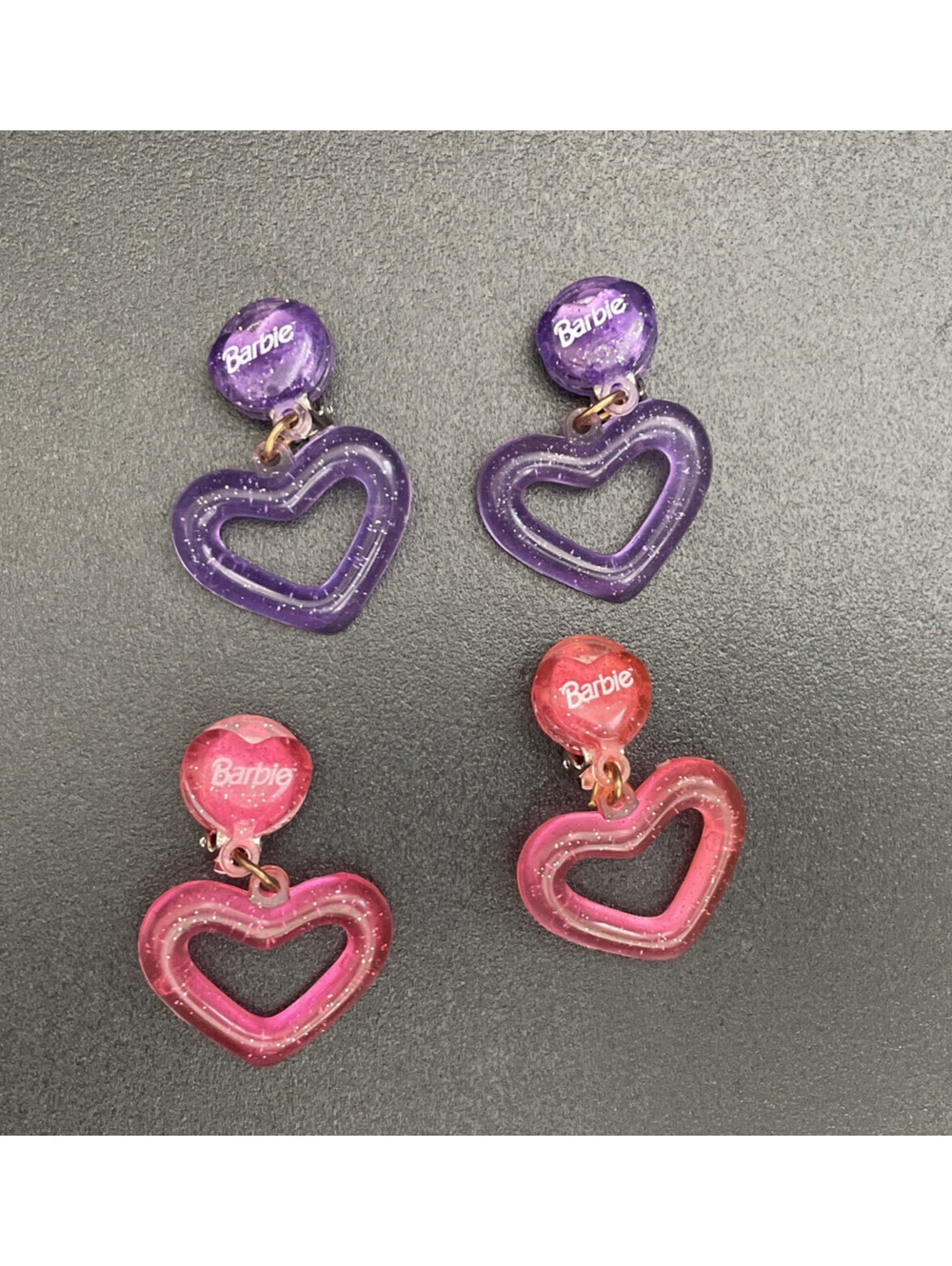 Vintage 1997 Barbie Kids Translucent Glitter Heart Dangle Earrings Clip Ons Y2K